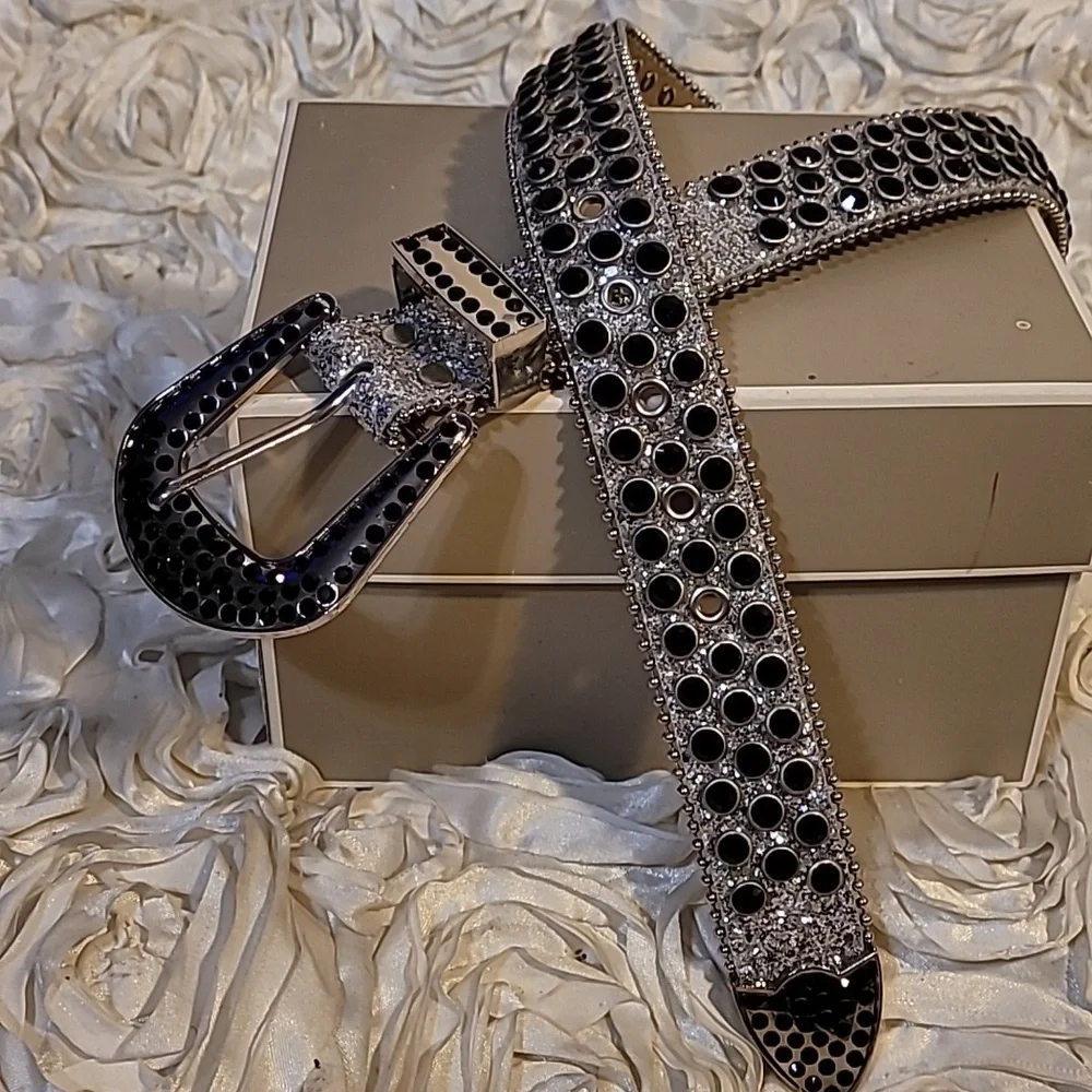 Rhinestone & Black Stud Grommet Womens Belt With Statement Buckle